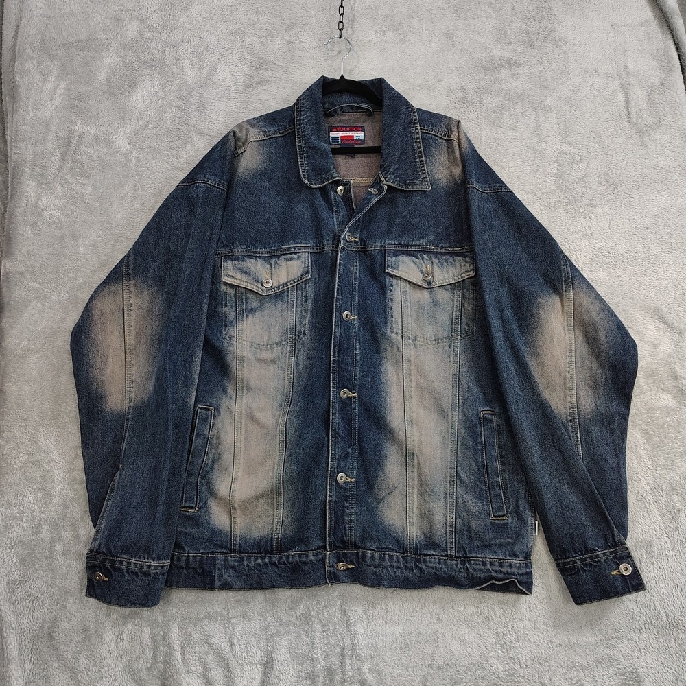 Vtg Y2K Evolution Denim Jacket Blue Stone Wash Extra Baggy Loose Fit Size 2XL